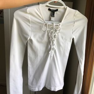 White front lace up long sleeve shirt
