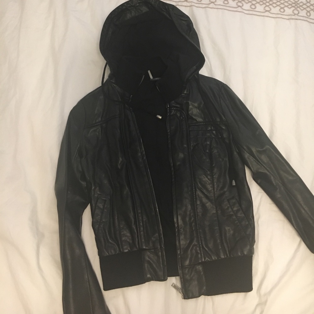 Black bomber jacket with detachable hood