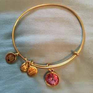 Shiny gold Alex & Ani bangle with pink stone
