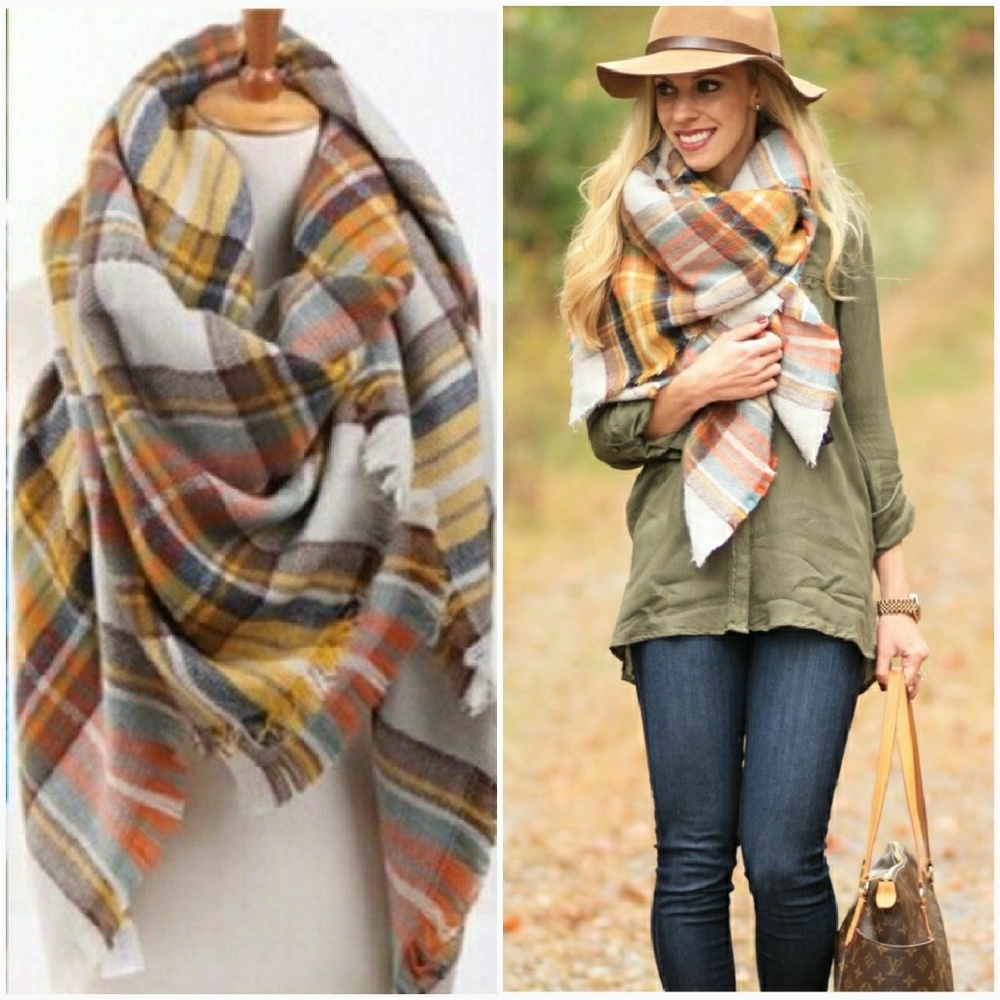 Lemon Plaid Tartan Blanket Scarf - Picture 2 of 6