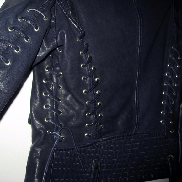 Barbara Bui Blue Lace Up Leather Motorcycle Jacket