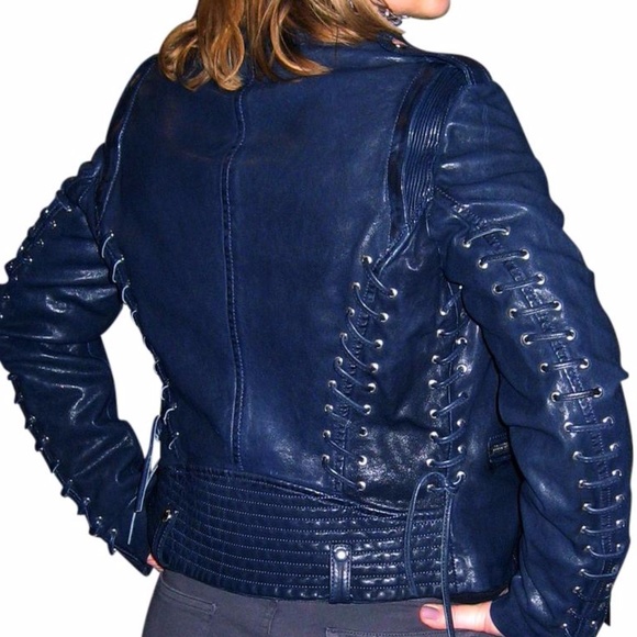 Barbara Bui Blue Lace Up Leather Motorcycle Jacket