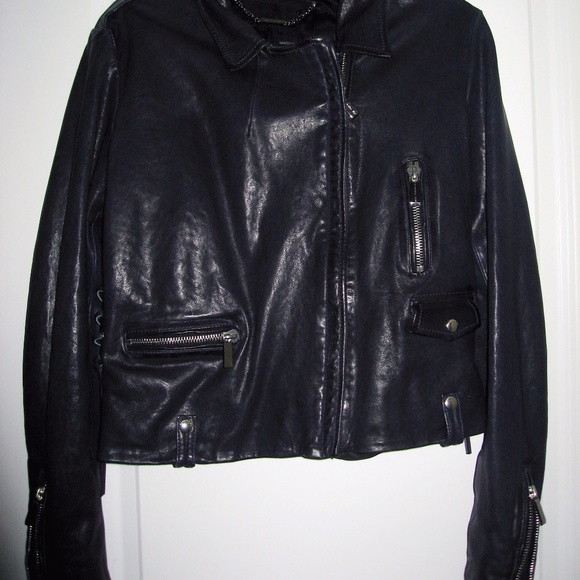 Barbara Bui Blue Lace Up Leather Motorcycle Jacket