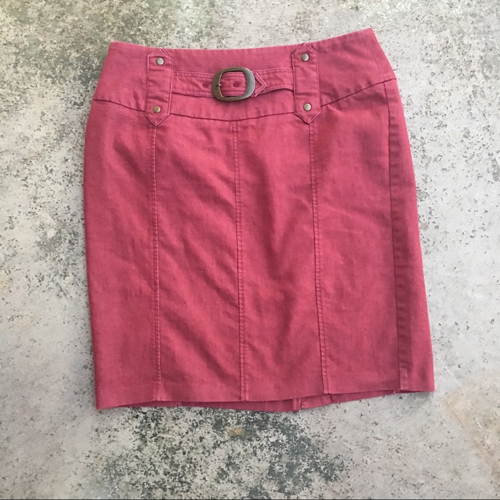 Red Denim Brass Buckle Pencil Skirt