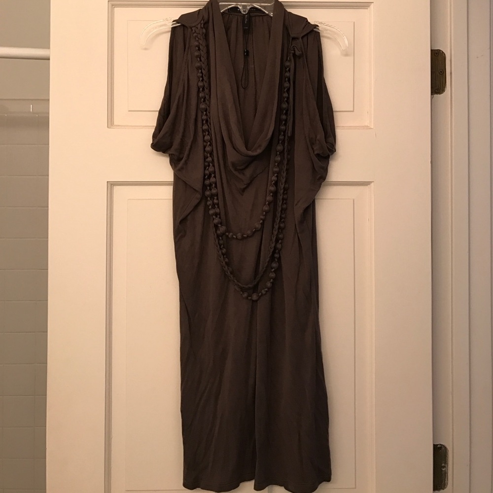 BCBG olive colored dress with neck detailing