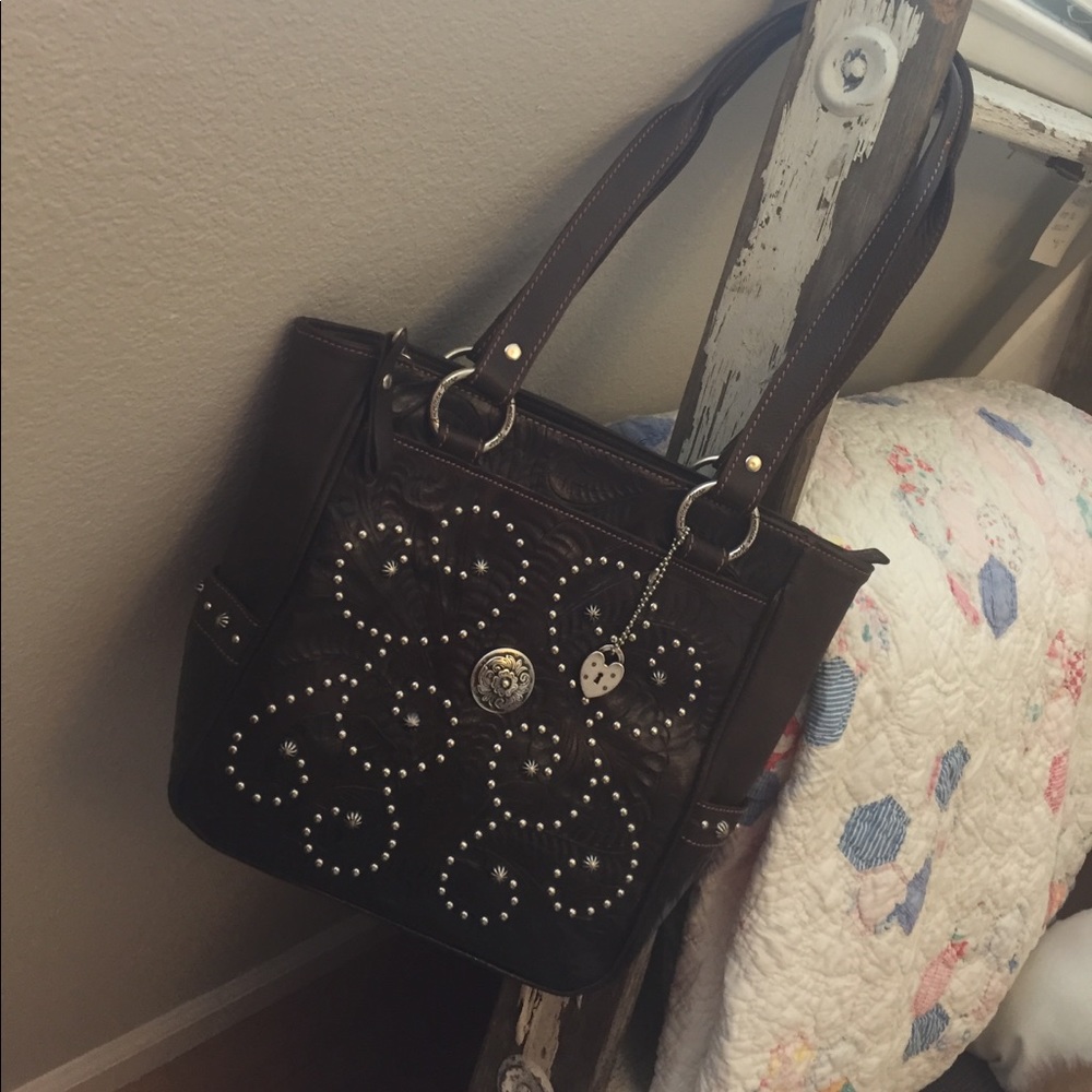 American West Tooled Leather Tote Handbag Brown