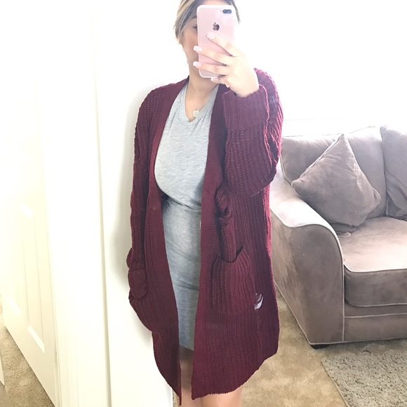 •SALE• Burgundy Distress Oversize Cardigan - Picture 2 of 4