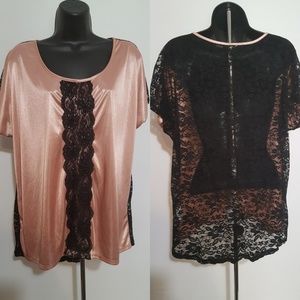 XL Pink Faux Satin and Black Lace Top