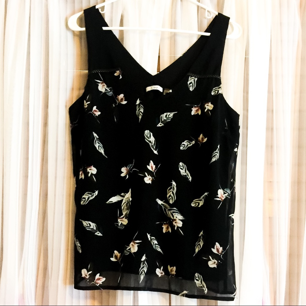 Dex Feather/Floral Tank Top w/ Faux Leather Detail