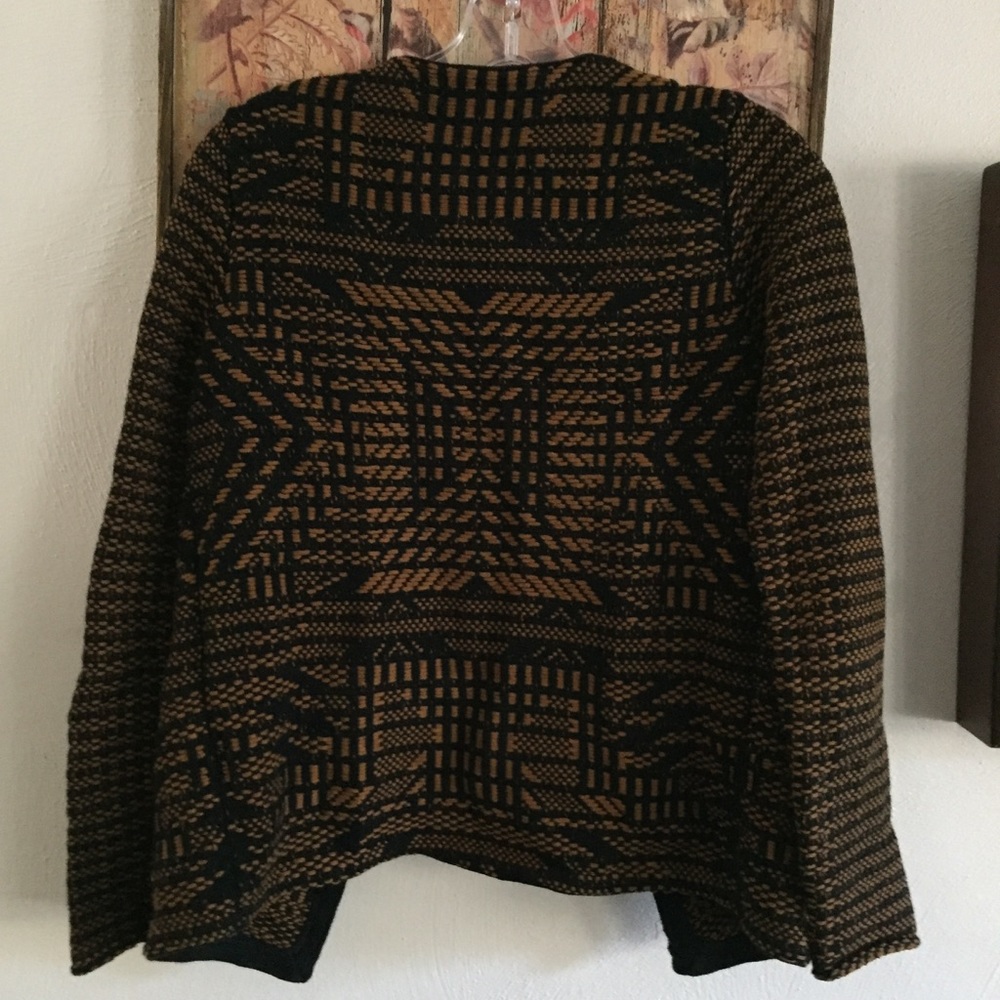 HM H&M STRETCH BOHO PATTERN OPEN WOVEN BLAZER JACKET TAN BLACK TRIBAL SOHO XS - Picture 3 of 13