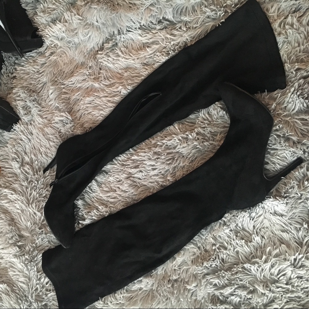 Over the knee black velvet heeled boots