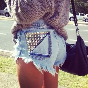 RUNWAYDREAMZ Vintage Stud Denim Festival Shorts