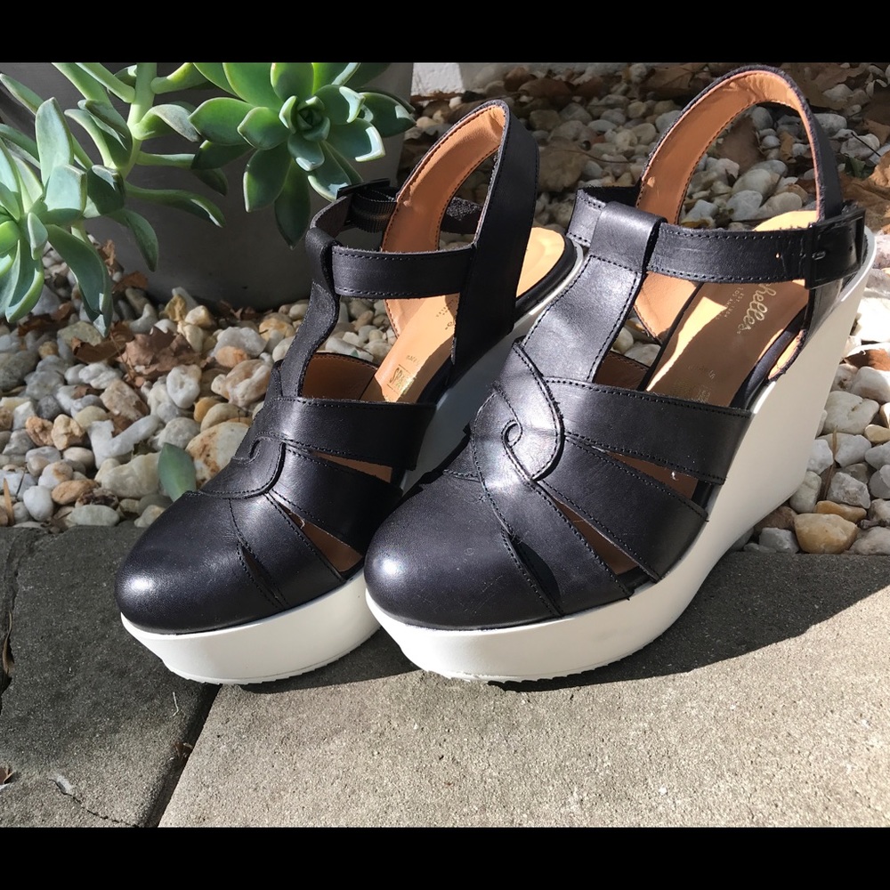 Black and white leather cutout wedge