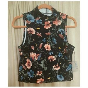 Black Floral Mock Turtleneck Crop Top