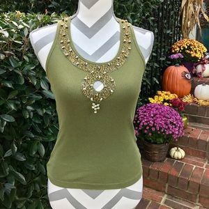 BEBE Beaded Keyhole Ribbed Tank-XS