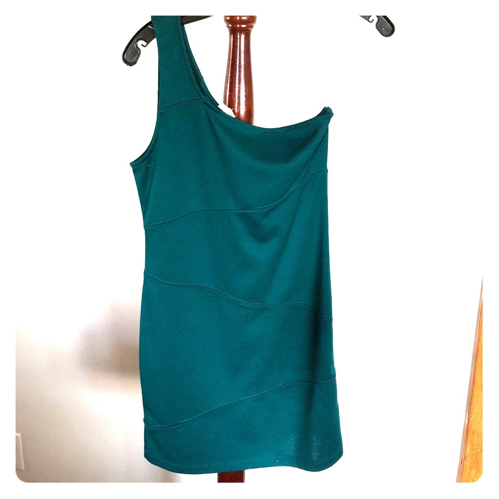 Green, one shoulder dress.