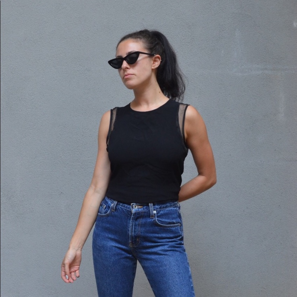 Black tank with sheer shoulder detailing