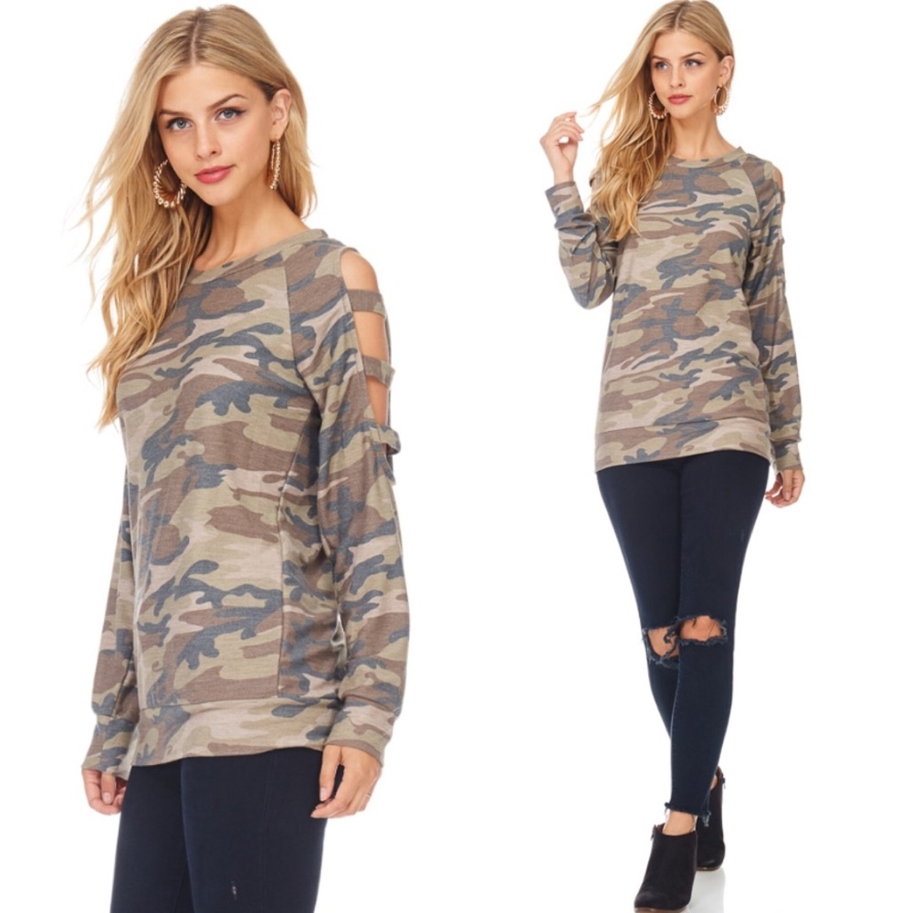 Camo Cold Shoulder Ladder Cutout Top - Picture 2 of 3
