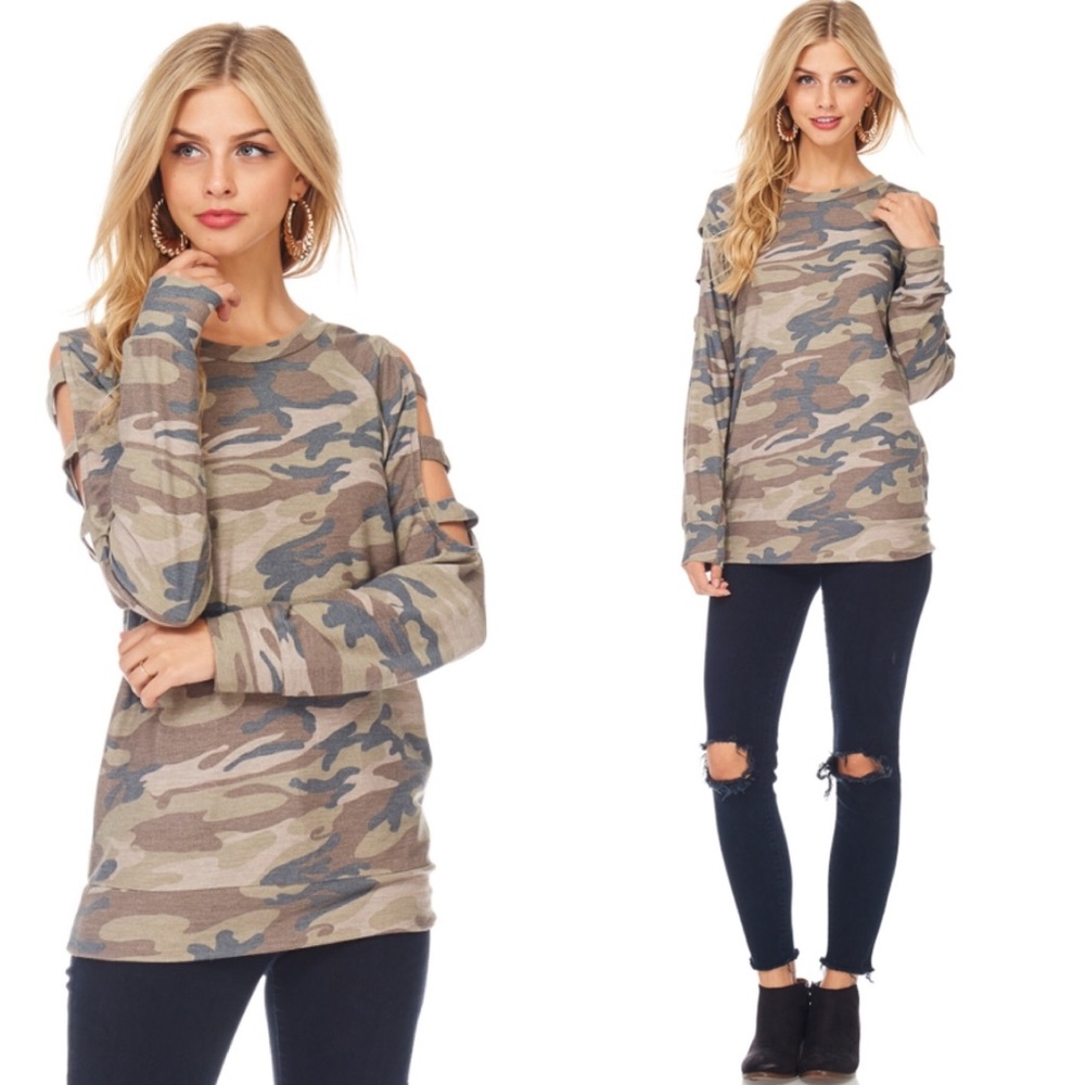Camo Cold Shoulder Ladder Cutout Top - Picture 3 of 3