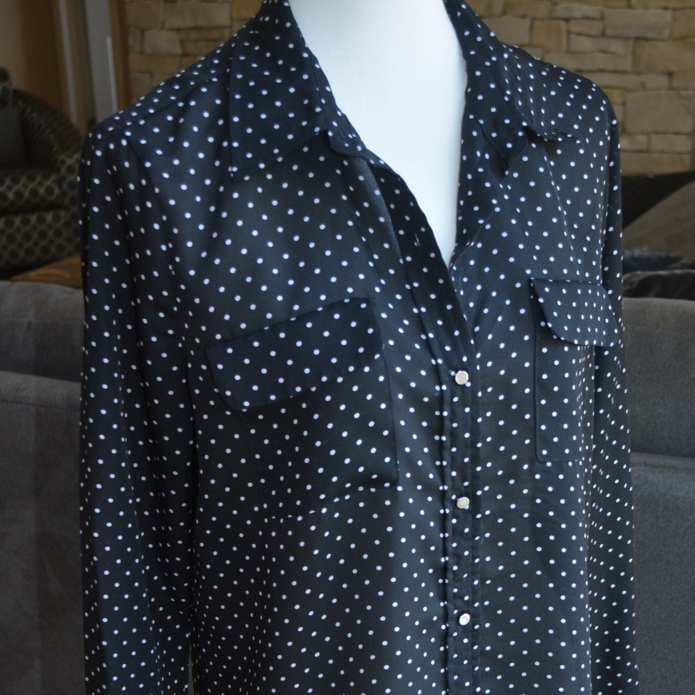LIZ CLAIBORNE  BLACK BLOUSE W/ WHITE POLKA DOTS