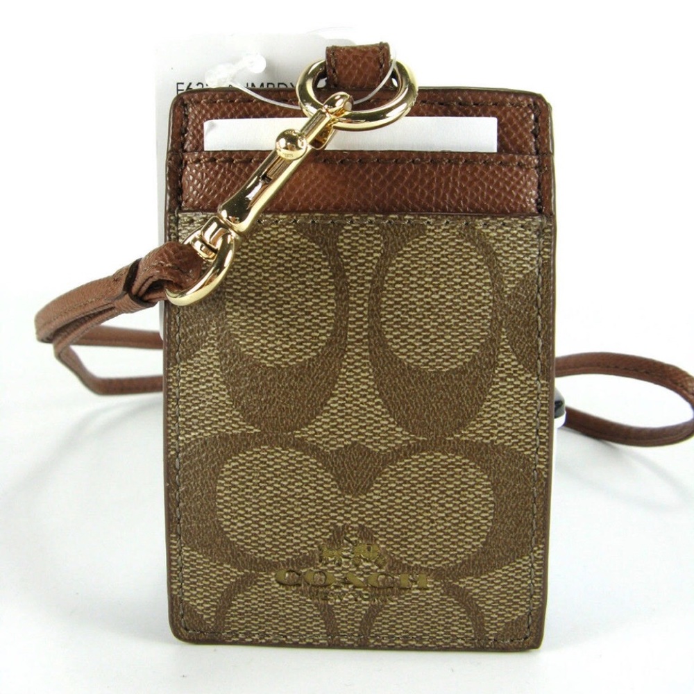 COACH SIGNATURE LANYARD ID CASE BROWN/KHAKI/GOLD