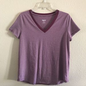 Striped white and burgundy T-shirt.