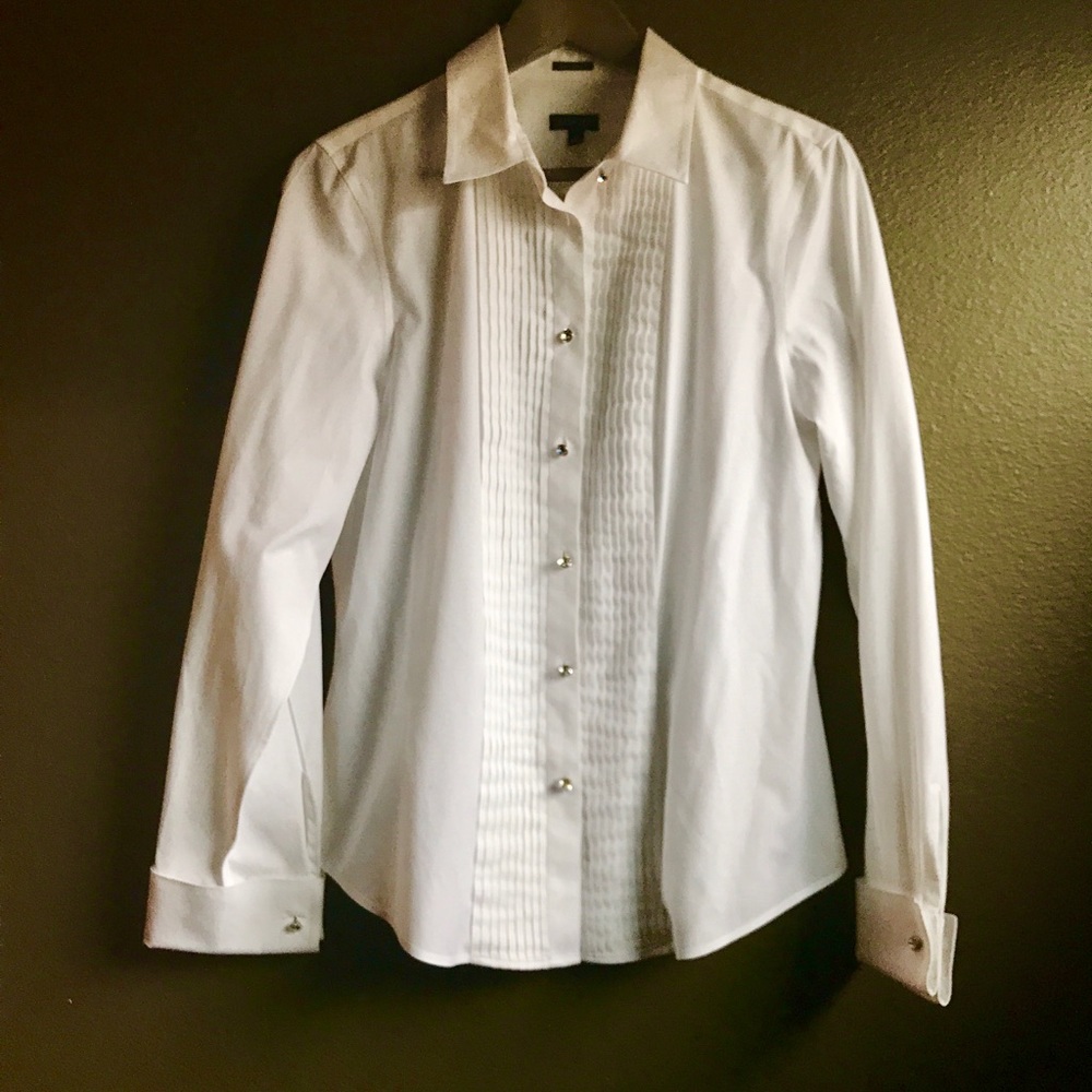 Talbots White Pleated Rhinestone Button Up