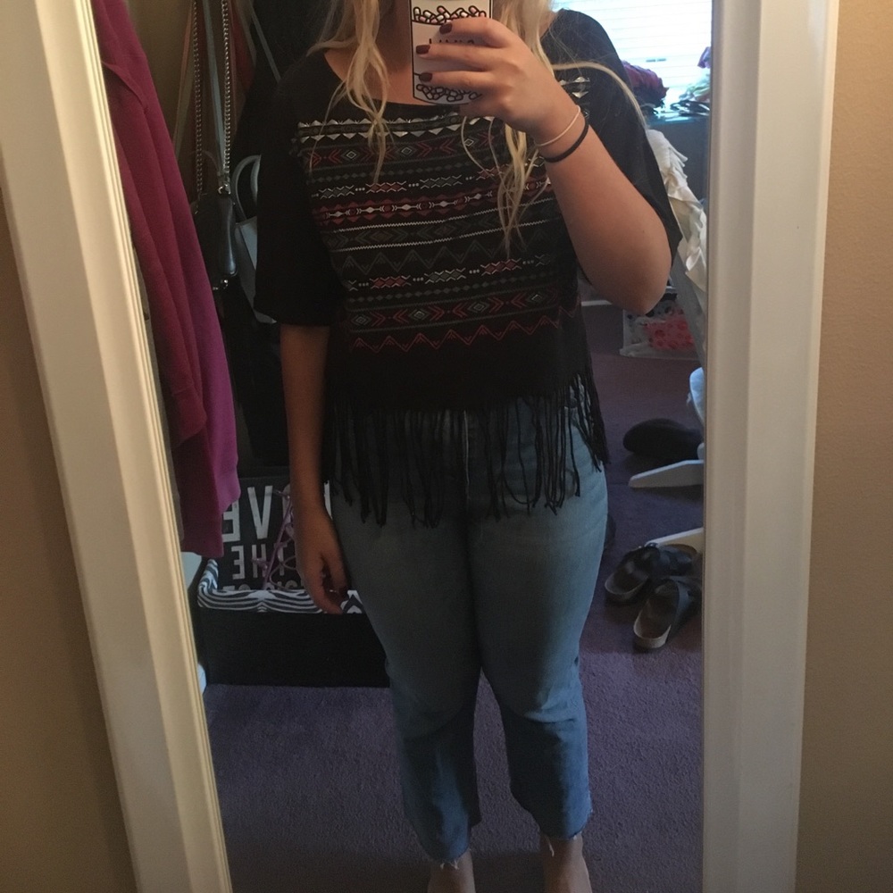 black tee with fringe