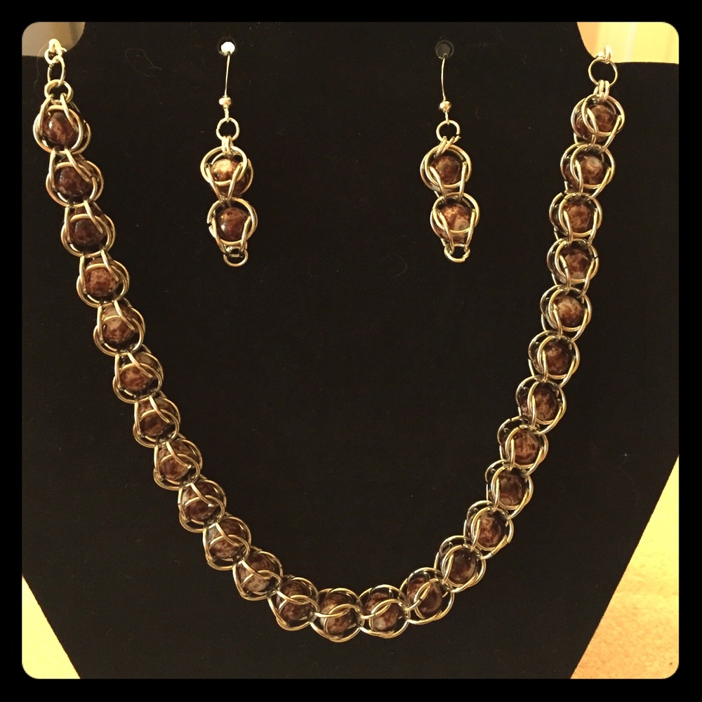 Brown chained link necklace and earrings