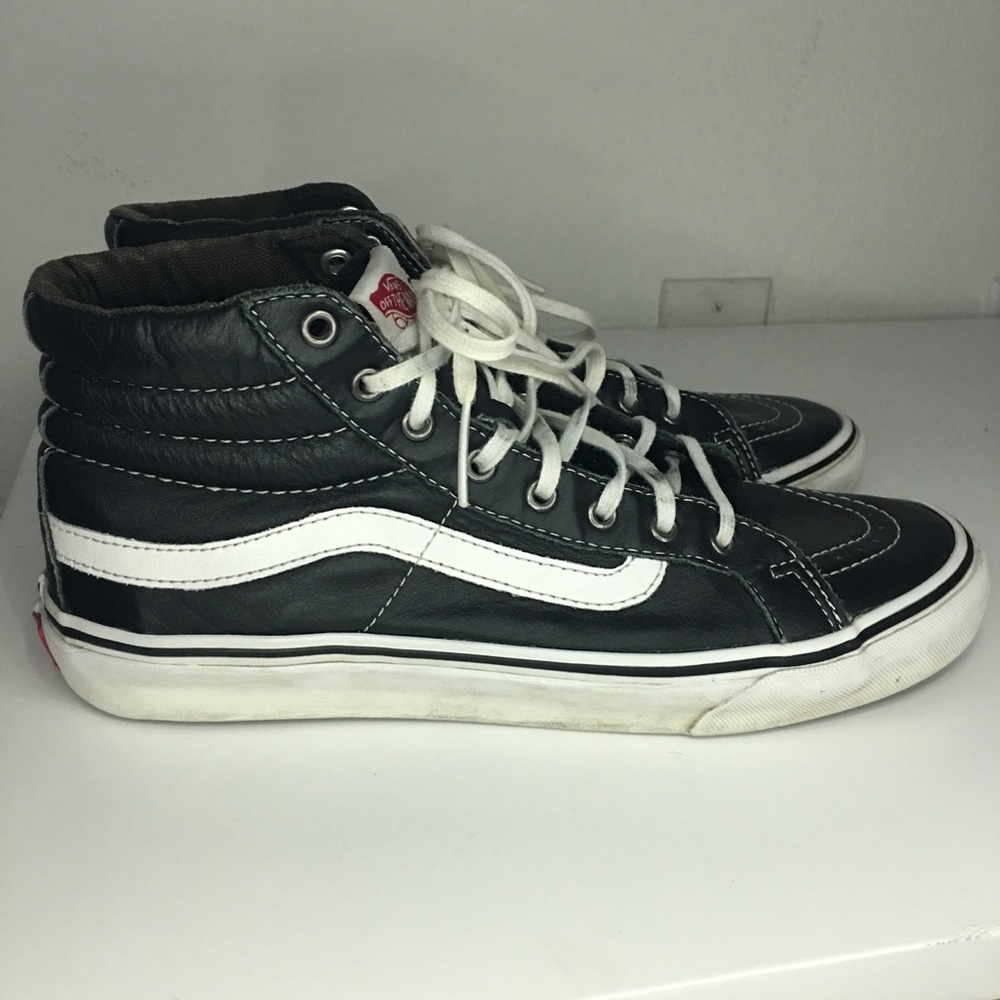 Black leather high top Vans unisex