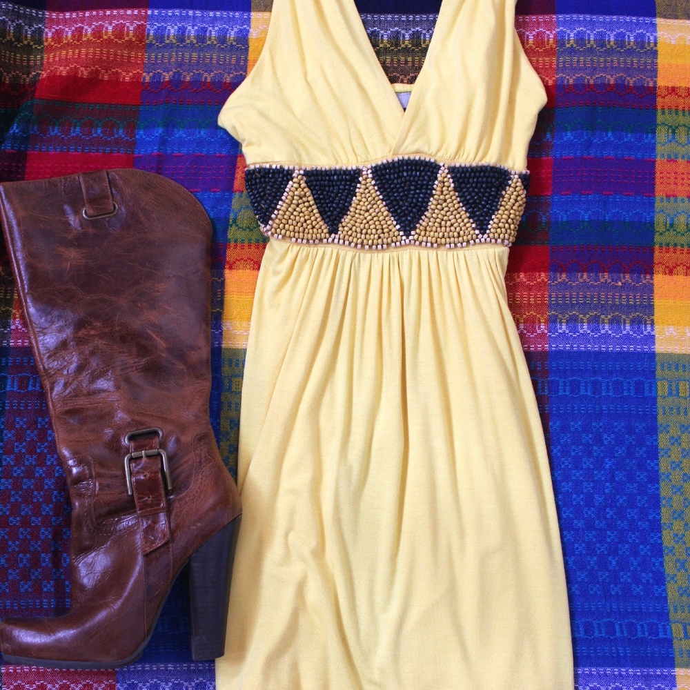 Yellow Beaded Tie Back Summer Dress