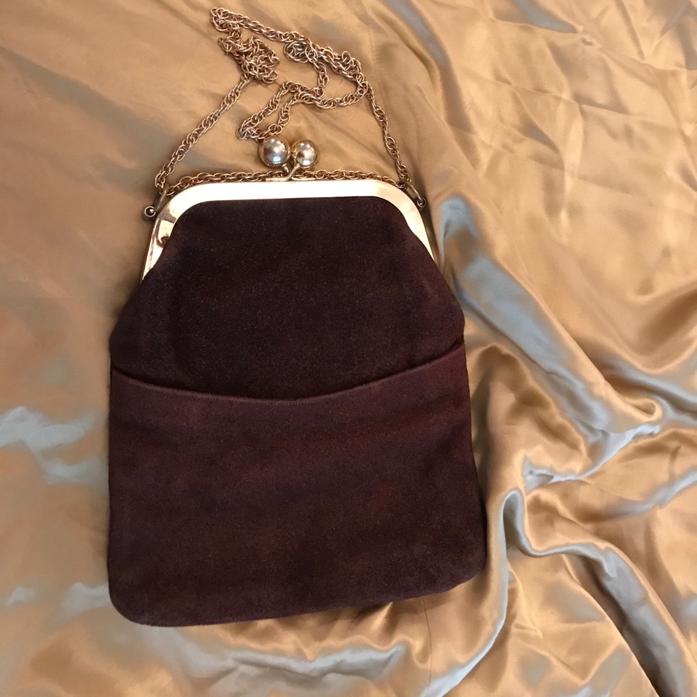 Brown suede, vintage bag with gold chain