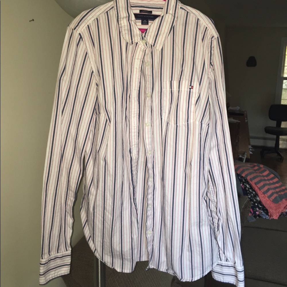 White, blue and pink button down shirt
