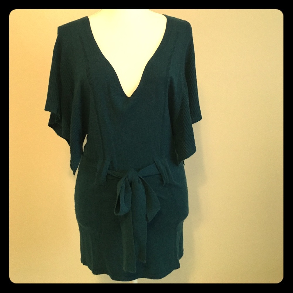 Deep V Teal sweater tunic with tie belt
