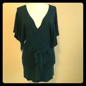 Deep V Teal sweater tunic with tie belt