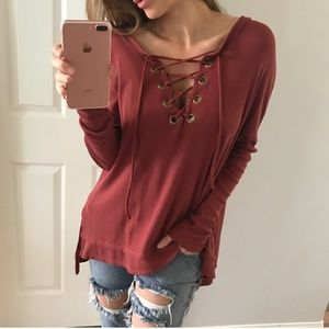 ⬇️Long Sleeve Lace Up Waffle Top