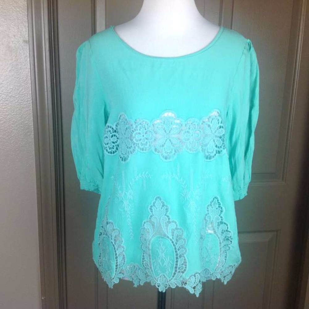Fiancee Top Small Crochet Boho 1/2 Sleeve Green