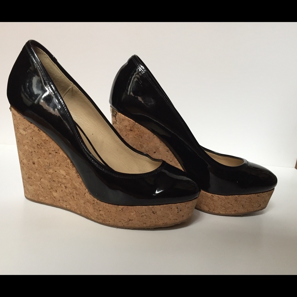 🔥SOLD🔥Jimmy Choo Bk Patent Cork Platform Wedges Size10