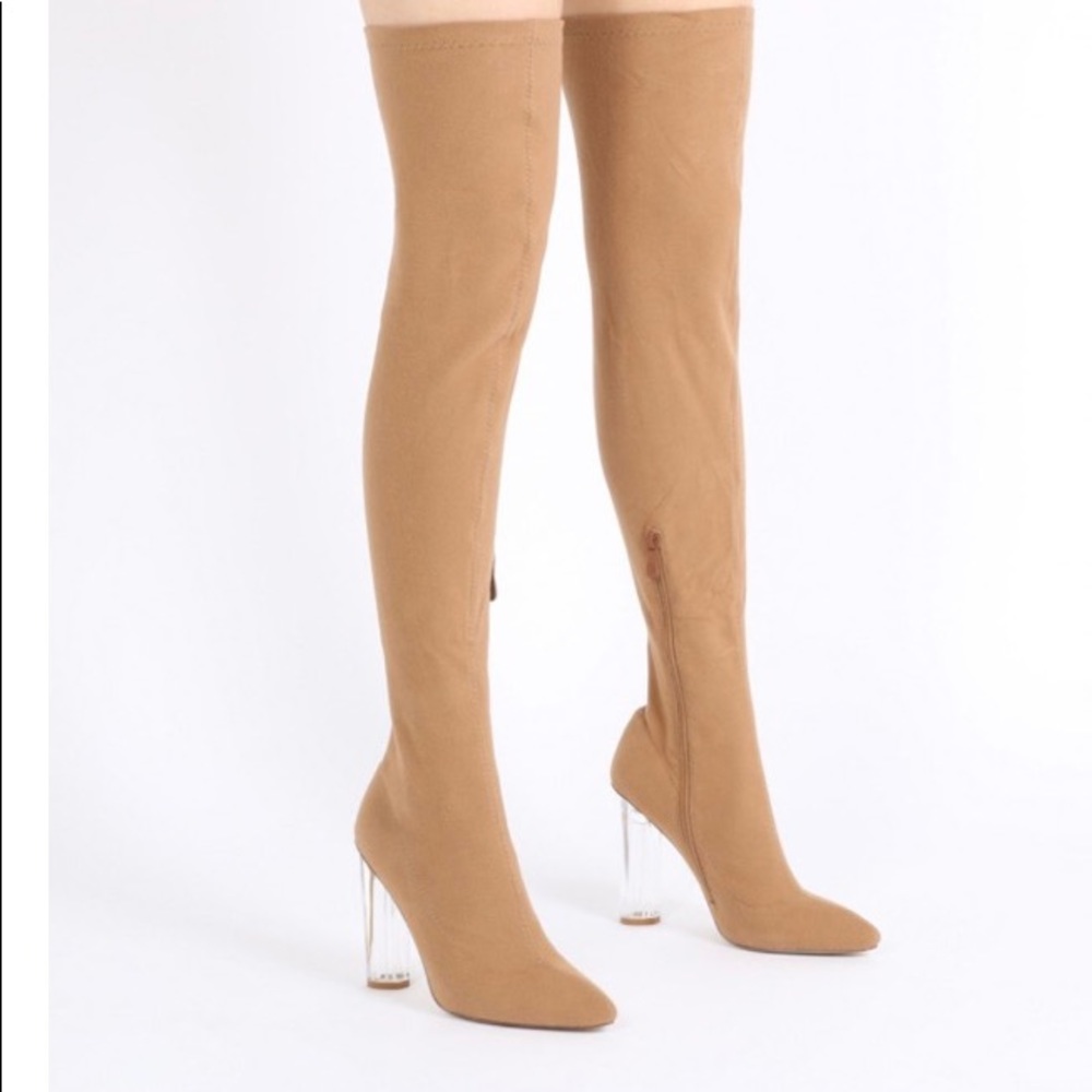 Public desire camel boots with clear heels