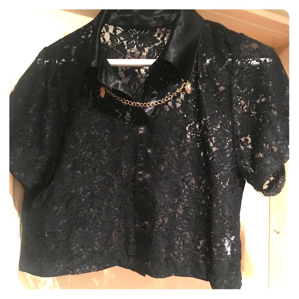Sheer • Small • Black Collared Top w| Gold Accent