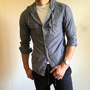 A gray casual button down with hoodie from 21 men.