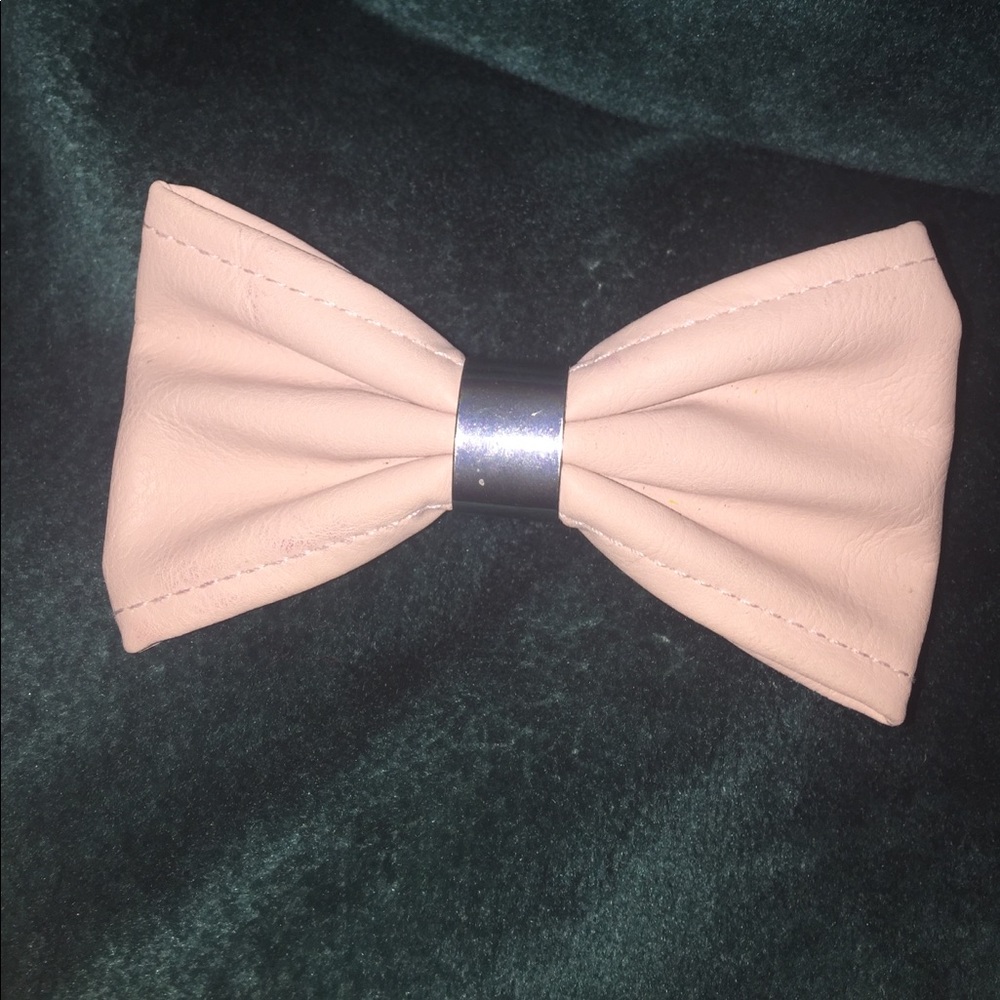 Leather Hair Bow Clip in Pink and Gunmetal Silver