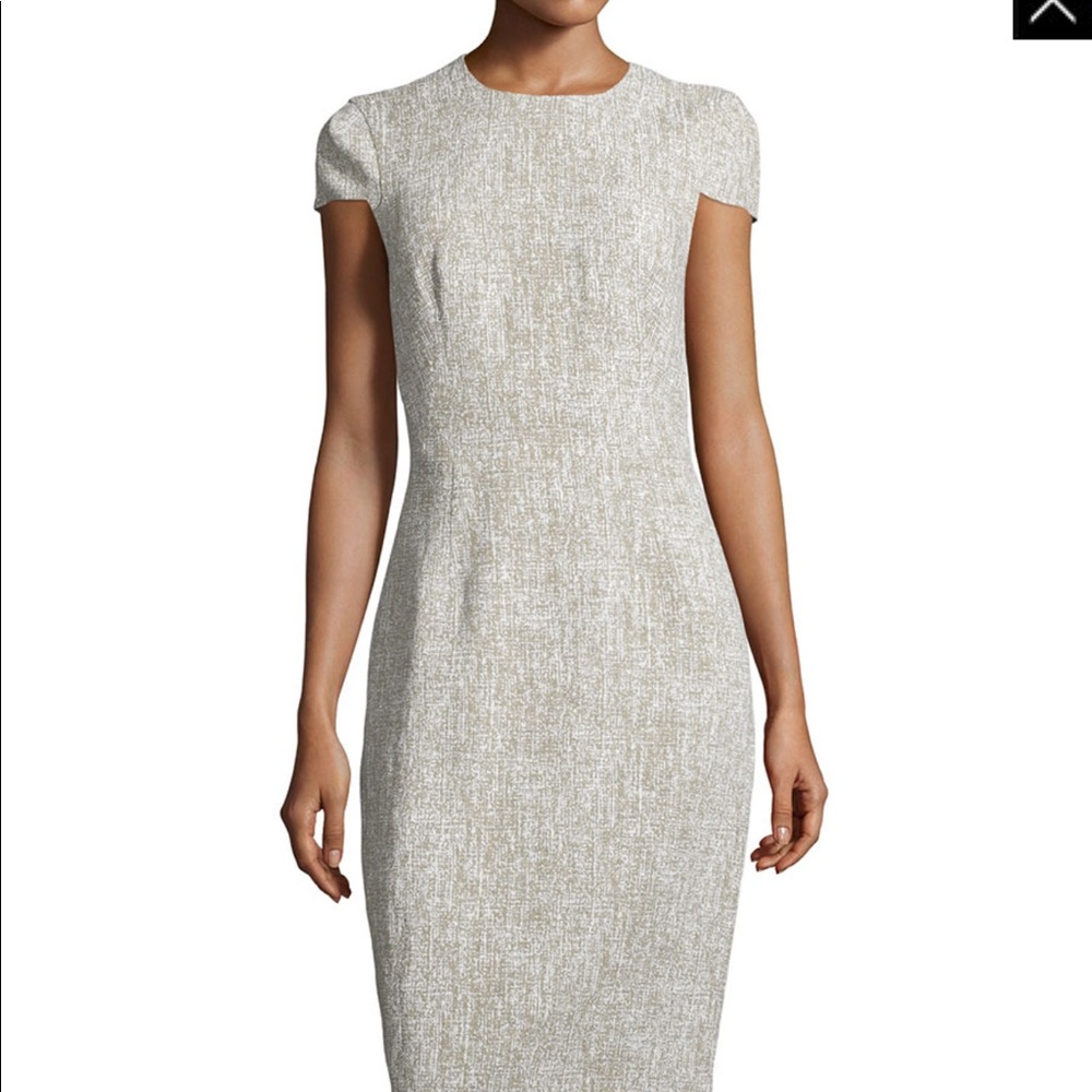 Cap-Sleeve Jewel-Neck Sheath Dress, Hemp/White