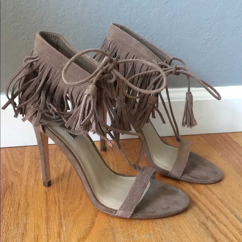 Taupe fringe heels