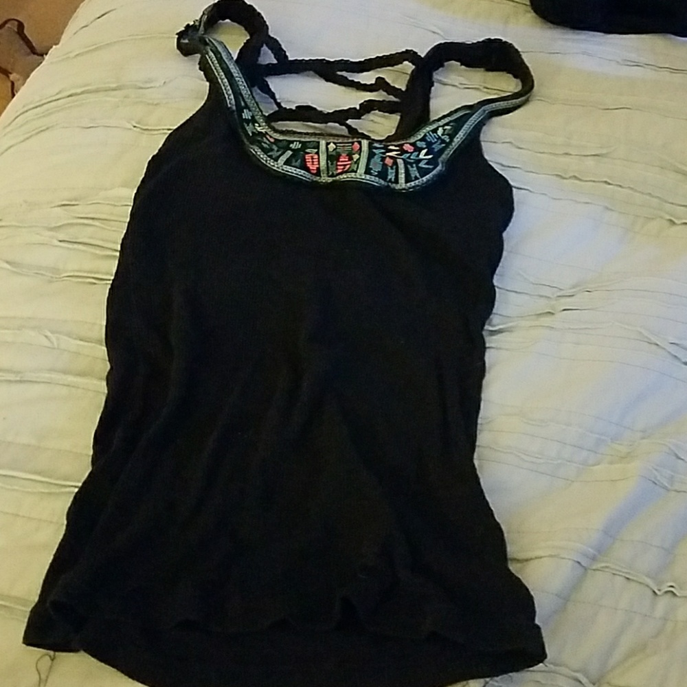 Free People embroidered criss cross back blk tank