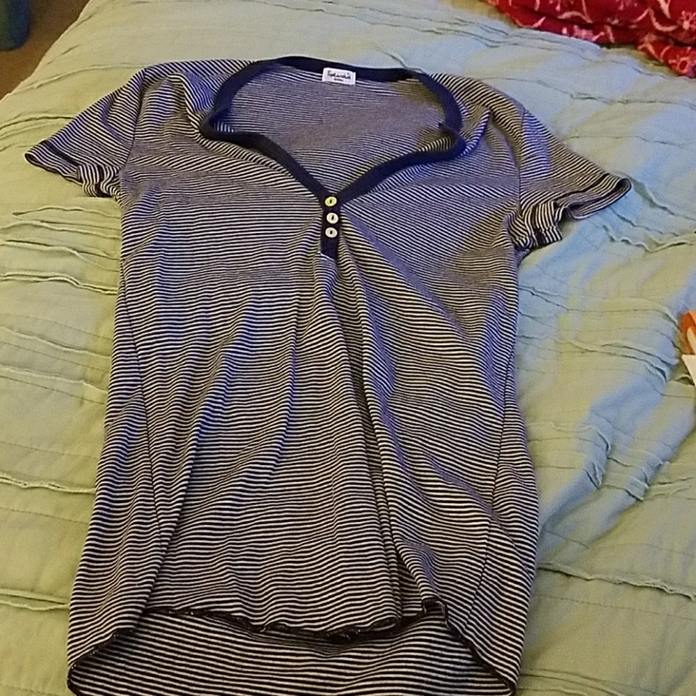 Splendid blue white striped v neck button sml top