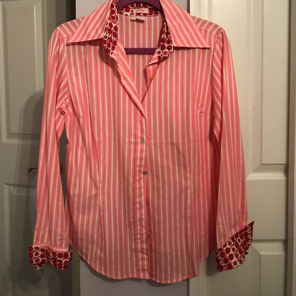 Pink and white striped woven button down