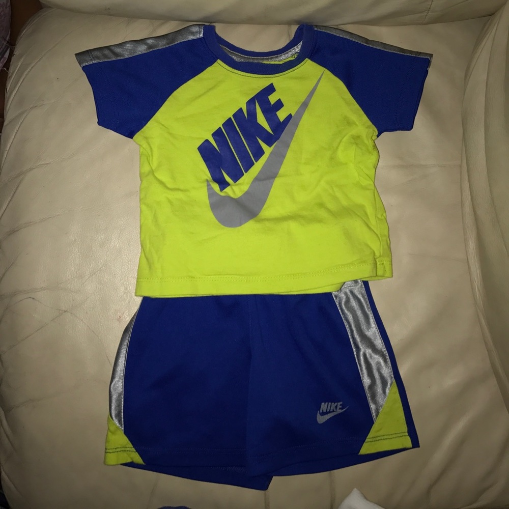 Neon green, blue Nike shirt and shorts