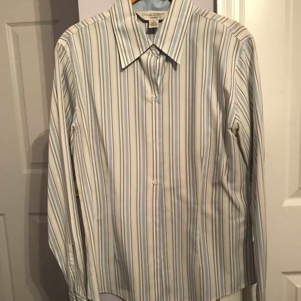 White, light blue, grey striped woven button down