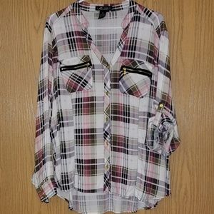 MISS LILI Long Sleeve Hi Lo Flannel Print Shirt